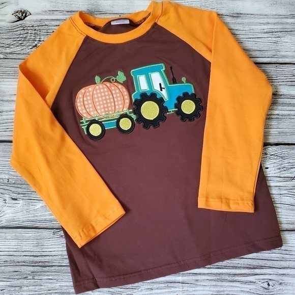Boutique Other - Halloween Fall Embroidered Tractor with Pumpkin Long-Sleeve Raglan Unisex